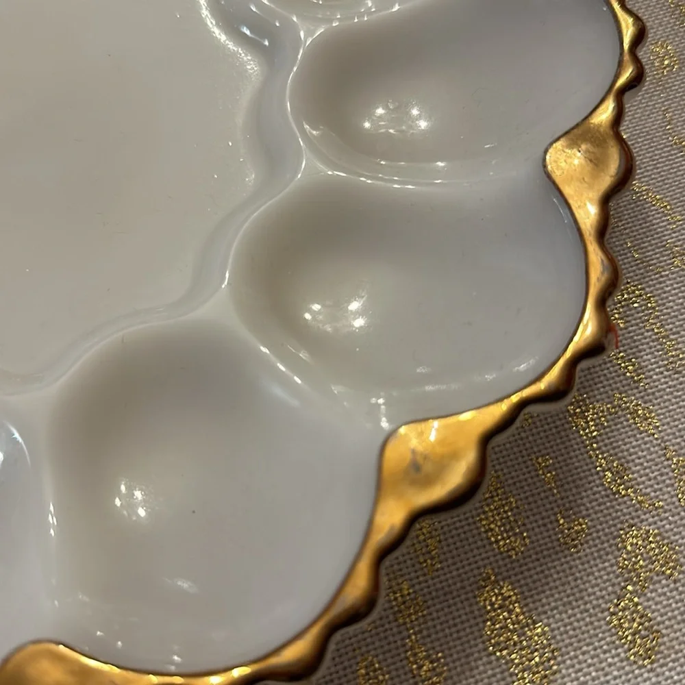 Vintage Milk Glass 12 Deviled Egg Plate Gold Trim Ornate 10" - Picture 8 of 8